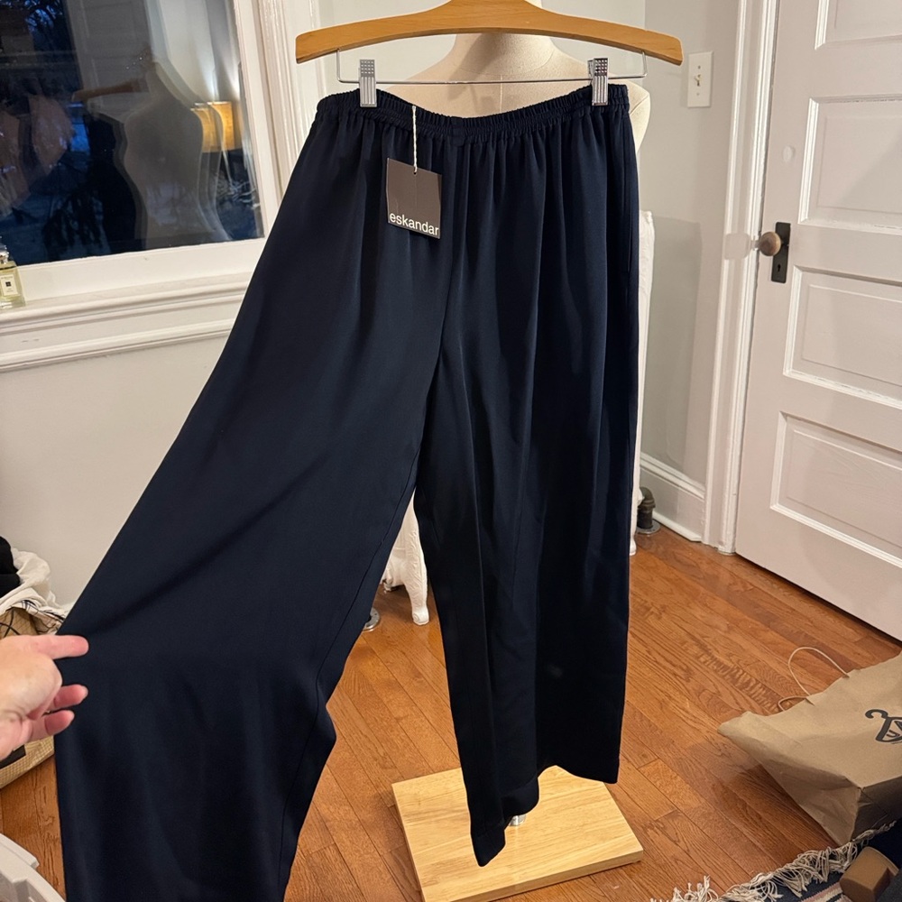 NWT Eskandar silk navy Wide-Leg Pants